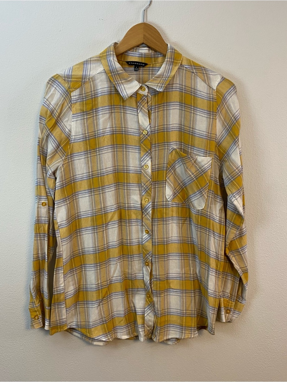 Staccato Yellow White Flannel Button Down Long‎ Sleeve Women’s Small